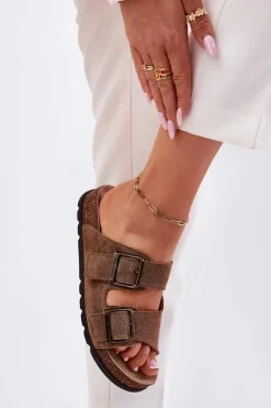 Klapki Damskie Klasyczne></noscript>Panto Fino Zamszowe Klapki Z Klamrami Damskie RR267024 Brązowe