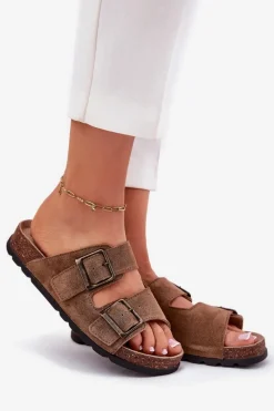 Klapki Damskie Klasyczne></noscript>Panto Fino Zamszowe Klapki Z Klamrami Damskie RR267024 Brązowe