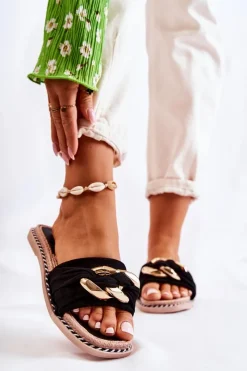 Klapki Damskie Klasyczne>Boto Zamszowe Klapki Z Ozdobnym Łańcuchem Czarne Louie