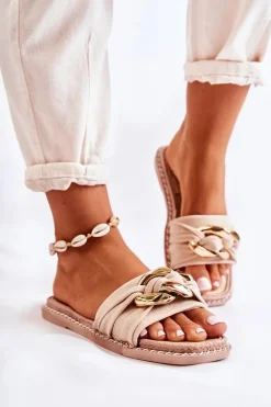 Discount Boto Zamszowe Klapki Z Ozdobnym Łańcuchem Beżowe Louie