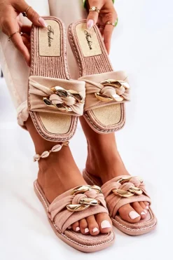 Discount Boto Zamszowe Klapki Z Ozdobnym Łańcuchem Beżowe Louie