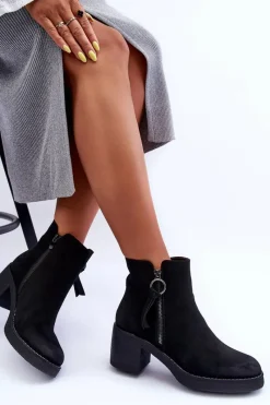 New Zamszowe Klasyczne Botki Damskie Czarne Limoso Damskie Botki Ocieplane|Czarne Botki