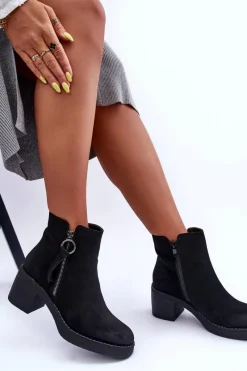 New Zamszowe Klasyczne Botki Damskie Czarne Limoso Damskie Botki Ocieplane|Czarne Botki