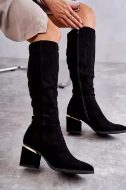 Clearance Zamszowe Klasyczne Kozaki Na Suwak Czarne Leyette Damskie Kozaki Przed Kolano|Kozaki Na Obcasie
