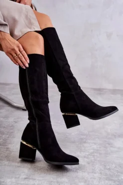 Clearance Zamszowe Klasyczne Kozaki Na Suwak Czarne Leyette Damskie Kozaki Przed Kolano|Kozaki Na Obcasie