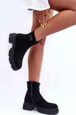 Hot Zamszowe Klasyczne Ocieplane Botki Czarne Vergilia Damskie Botki Ocieplane|Czarne Botki