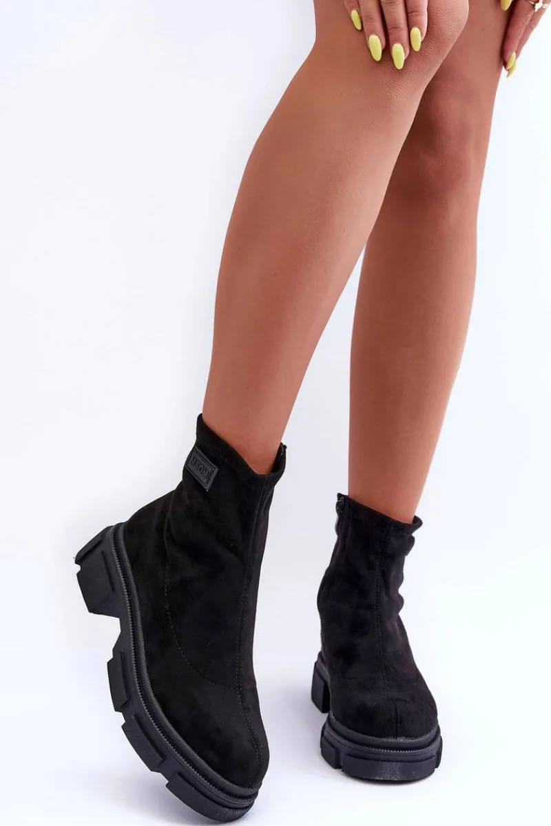Hot Zamszowe Klasyczne Ocieplane Botki Czarne Vergilia Damskie Botki Ocieplane|Czarne Botki