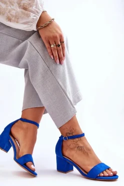 Best Zamszowe Klasyczne Sandały Na Niskim Obcasie Niebieskie Honeymoon Damskie Sandały Na Obcasie
