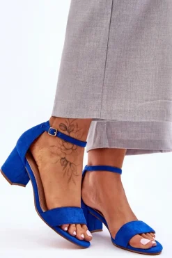 Best Zamszowe Klasyczne Sandały Na Niskim Obcasie Niebieskie Honeymoon Damskie Sandały Na Obcasie