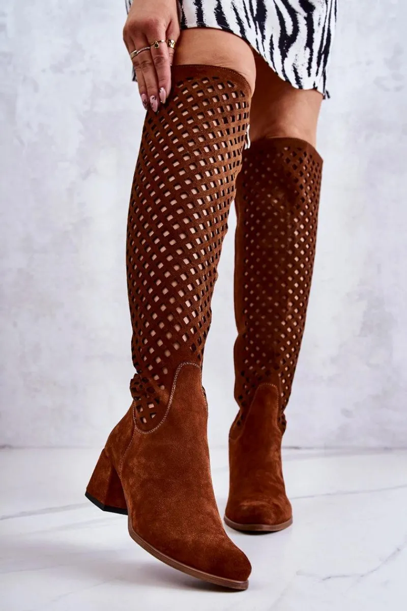 Hot Zamszowe Kozaki Ażurowe Brązowe Generous Damskie Kozaki Wiosenne|Kozaki Ażurowe