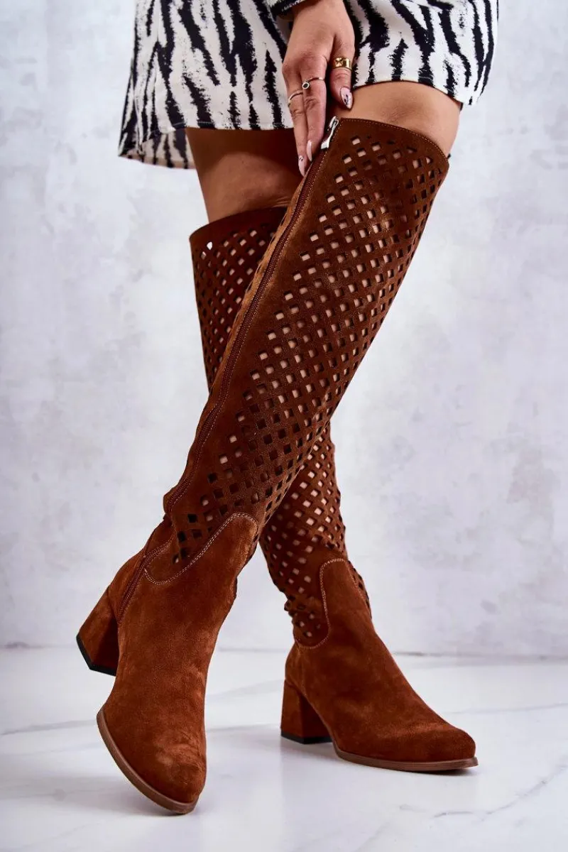 Hot Zamszowe Kozaki Ażurowe Brązowe Generous Damskie Kozaki Wiosenne|Kozaki Ażurowe