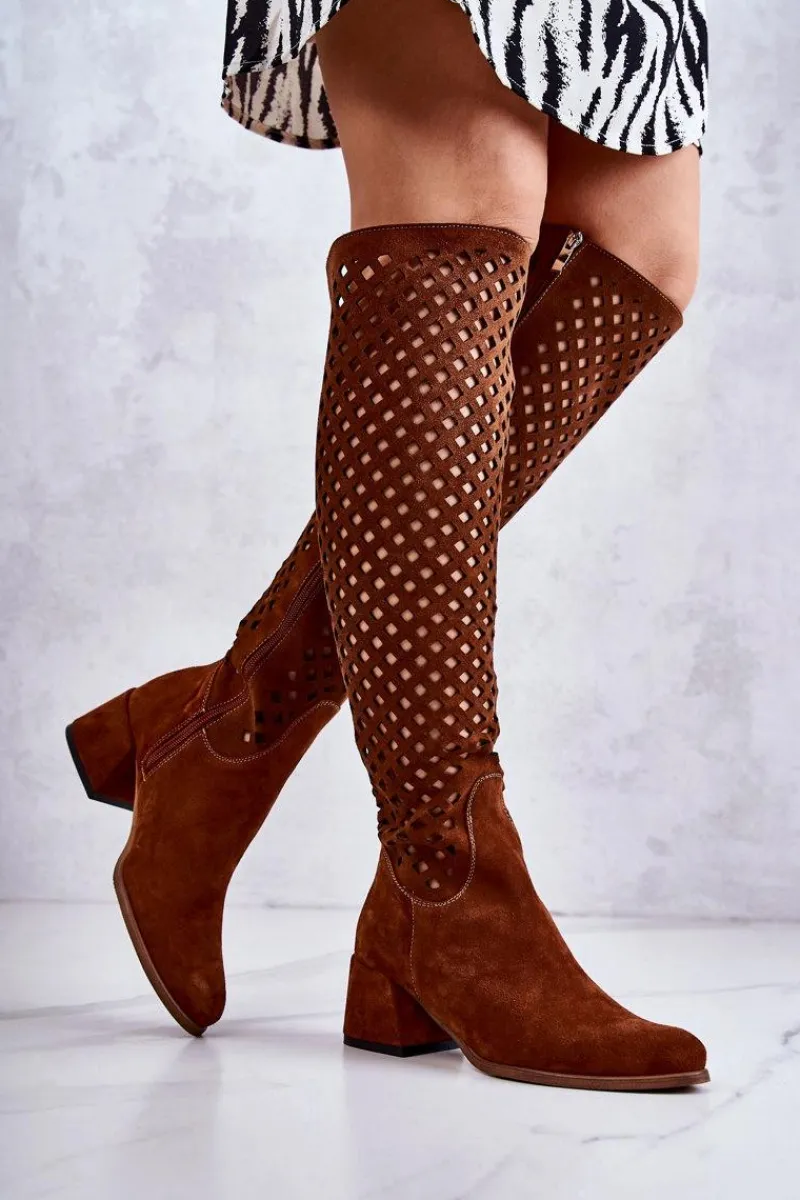 Hot Zamszowe Kozaki Ażurowe Brązowe Generous Damskie Kozaki Wiosenne|Kozaki Ażurowe