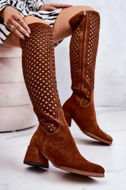 Hot Zamszowe Kozaki Ażurowe Brązowe Generous Damskie Kozaki Wiosenne|Kozaki Ażurowe