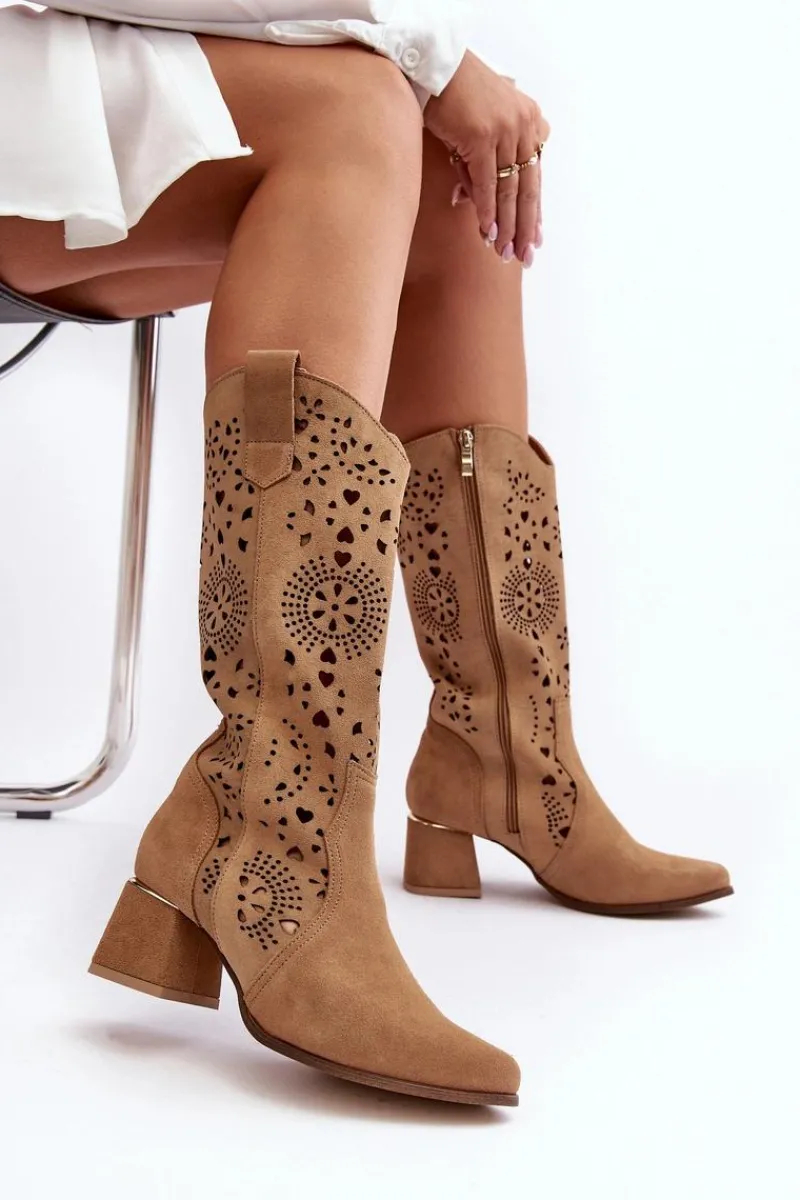 Kozaki Wiosenne|Kozaki Ażurowe>Boto Zamszowe Kozaki Ażurowe Lewski Shoes 3171 Beżowe