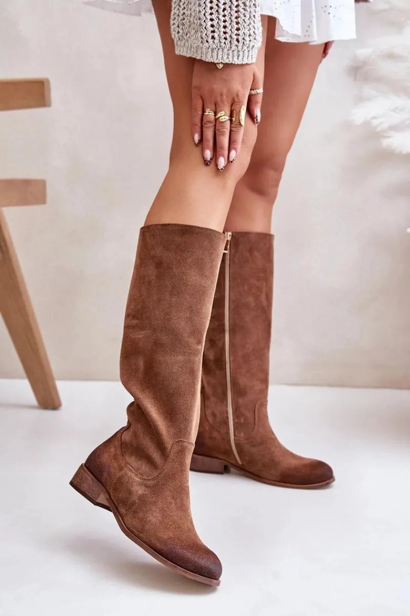 Kozaki Płaskie|Kozaki Przed Kolano>Zazoo Zamszowe Kozaki Damskie Do Połowy Łydki Na Zamek Lewski 3616 Brązowe Brązowy