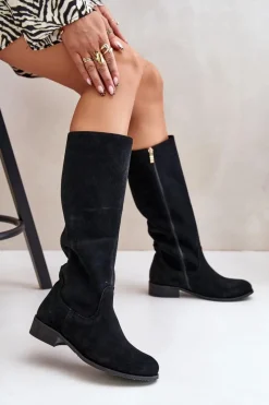 Outlet Zazoo Zamszowe Kozaki Damskie Do Połowy Łydki Na Zamek Lewski 3616 Czarne Czarny