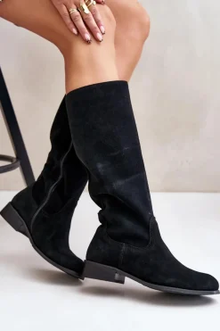 Outlet Zazoo Zamszowe Kozaki Damskie Do Połowy Łydki Na Zamek Lewski 3616 Czarne Czarny