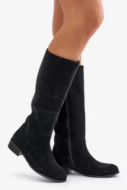 Outlet Zazoo Zamszowe Kozaki Damskie Do Połowy Łydki Na Zamek Lewski 3616 Czarne Czarny