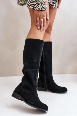 Outlet Zazoo Zamszowe Kozaki Damskie Do Połowy Łydki Na Zamek Lewski 3616 Czarne Czarny