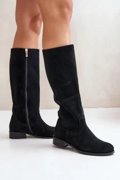 Outlet Zazoo Zamszowe Kozaki Damskie Do Połowy Łydki Na Zamek Lewski 3616 Czarne Czarny