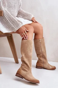Discount Zazoo Zamszowe Kozaki Damskie Do Połowy Łydki Na Zamek Lewski 3616 Beżowe Beżowy