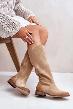 Discount Zazoo Zamszowe Kozaki Damskie Do Połowy Łydki Na Zamek Lewski 3616 Beżowe Beżowy