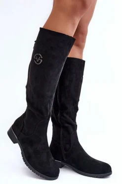Best Zamszowe Kozaki Damskie Na Płaskim Obcasie Czarne Albuna Damskie Kozaki Płaskie|Kozaki Przed Kolano
