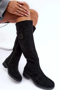 Best Zamszowe Kozaki Damskie Na Płaskim Obcasie Czarne Albuna Damskie Kozaki Płaskie|Kozaki Przed Kolano