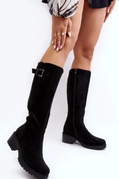 Clearance Zamszowe Kozaki Damskie Na Płaskim Obcasie Czarne Saranai Damskie Kozaki Płaskie|Kozaki Przed Kolano