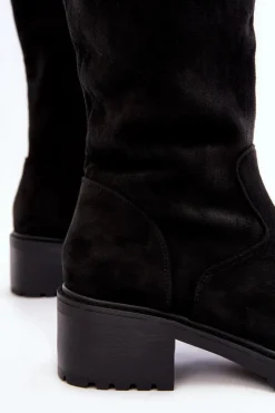 Clearance Zamszowe Kozaki Damskie Na Płaskim Obcasie Czarne Saranai Damskie Kozaki Płaskie|Kozaki Przed Kolano