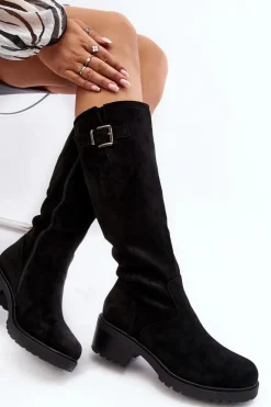 Clearance Zamszowe Kozaki Damskie Na Płaskim Obcasie Czarne Saranai Damskie Kozaki Płaskie|Kozaki Przed Kolano