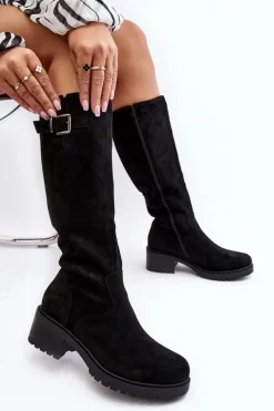 Clearance Zamszowe Kozaki Damskie Na Płaskim Obcasie Czarne Saranai Damskie Kozaki Płaskie|Kozaki Przed Kolano