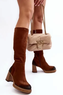 Best Zamszowe Kozaki Damskie Na Słupku Przed Kolano Lemar Ciemnobrązowe Ceraxa Damskie Kozaki Ocieplane|Kozaki Na Słupku