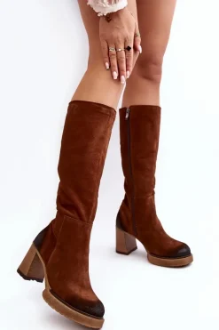 Best Zamszowe Kozaki Damskie Na Słupku Przed Kolano Lemar Ciemnobrązowe Ceraxa Damskie Kozaki Ocieplane|Kozaki Na Słupku