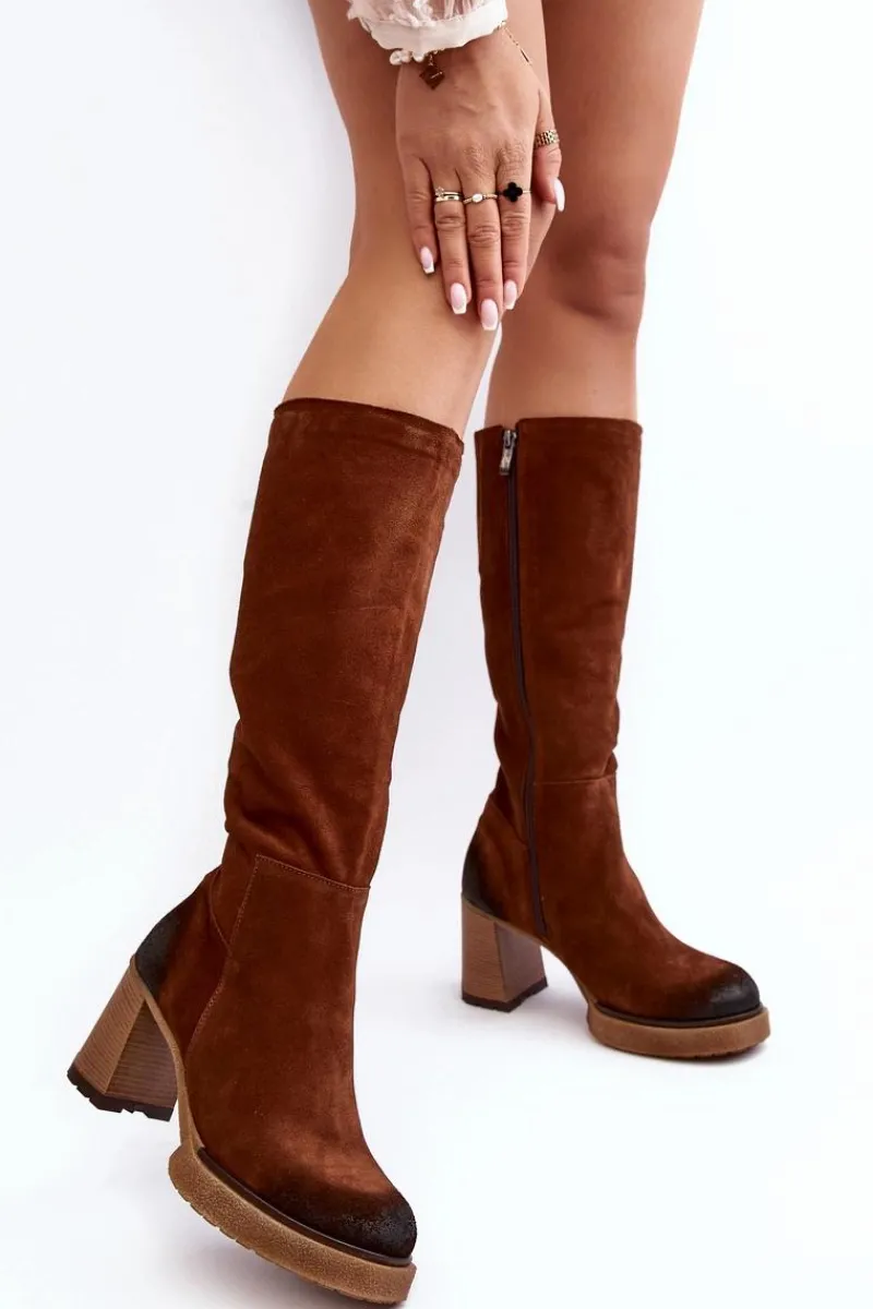 Best Zamszowe Kozaki Damskie Na Słupku Przed Kolano Lemar Ciemnobrązowe Ceraxa Damskie Kozaki Ocieplane|Kozaki Na Słupku