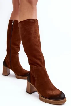 Best Zamszowe Kozaki Damskie Na Słupku Przed Kolano Lemar Ciemnobrązowe Ceraxa Damskie Kozaki Ocieplane|Kozaki Na Słupku