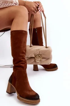 Best Zamszowe Kozaki Damskie Na Słupku Przed Kolano Lemar Ciemnobrązowe Ceraxa Damskie Kozaki Ocieplane|Kozaki Na Słupku