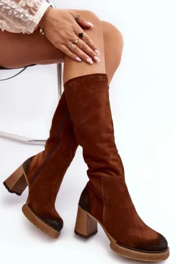 Best Zamszowe Kozaki Damskie Na Słupku Przed Kolano Lemar Ciemnobrązowe Ceraxa Damskie Kozaki Ocieplane|Kozaki Na Słupku