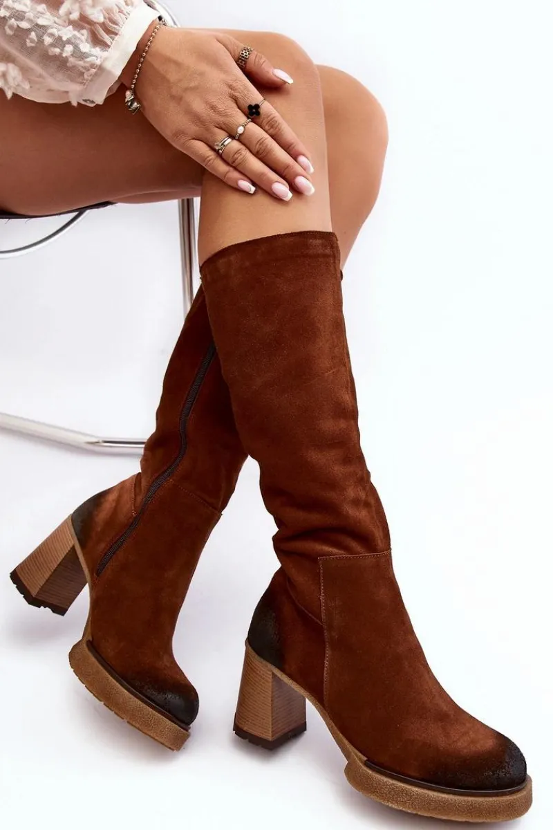 Best Zamszowe Kozaki Damskie Na Słupku Przed Kolano Lemar Ciemnobrązowe Ceraxa Damskie Kozaki Ocieplane|Kozaki Na Słupku