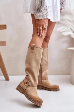 Zazoo Zamszowe Kozaki Damskie Przed Kolano Lewski 3615 Beżowe