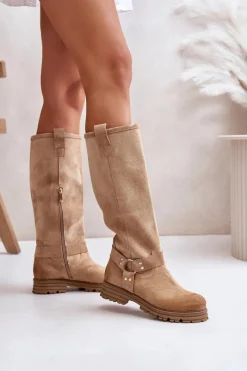 Zazoo Zamszowe Kozaki Damskie Przed Kolano Lewski 3615 Beżowe