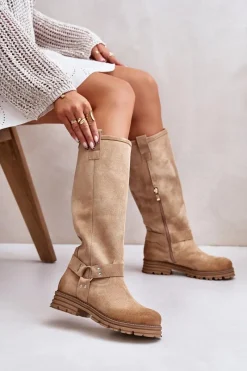 Zazoo Zamszowe Kozaki Damskie Przed Kolano Lewski 3615 Beżowe