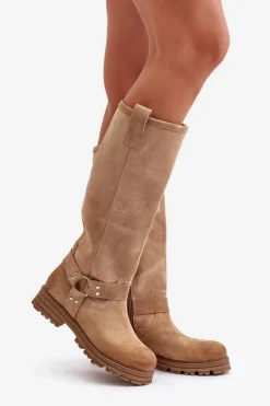 Zazoo Zamszowe Kozaki Damskie Przed Kolano Lewski 3615 Beżowe