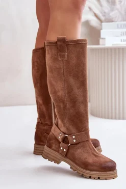 Kozaki Płaskie|Brązowe Kozaki Damskie><noscript><img width=