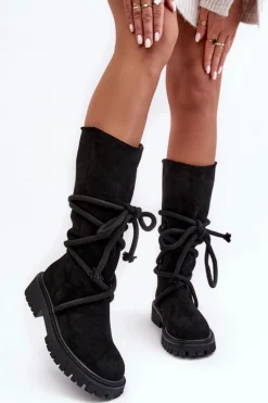 Discount Boto Zamszowe Kozaki Damskie Z Wiązaniem Czarne Tanive