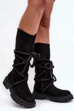 Discount Boto Zamszowe Kozaki Damskie Z Wiązaniem Czarne Tanive