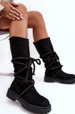 Discount Boto Zamszowe Kozaki Damskie Z Wiązaniem Czarne Tanive