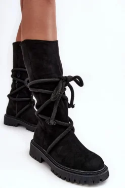 Discount Boto Zamszowe Kozaki Damskie Z Wiązaniem Czarne Tanive