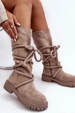 Zamszowe Kozaki Damskie Z Wiązaniem Beżowe Tanive Damskie Kozaki Płaskie|Kozaki Przed Kolano