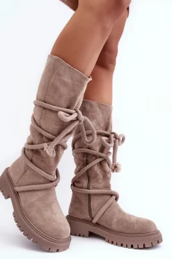 Zamszowe Kozaki Damskie Z Wiązaniem Beżowe Tanive Damskie Kozaki Płaskie|Kozaki Przed Kolano